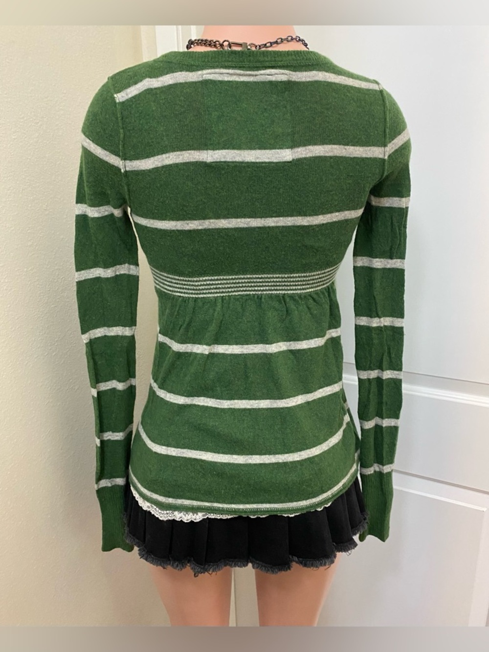 Y2k vintage Abercrombie green and white striped babydoll long sleeve sweater - Picture 2 of 15
